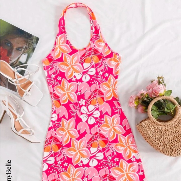 SHEIN Pink & Orange Hawaiian Halter Hibiscus Dress Ladies XS - Picture 1 of 6